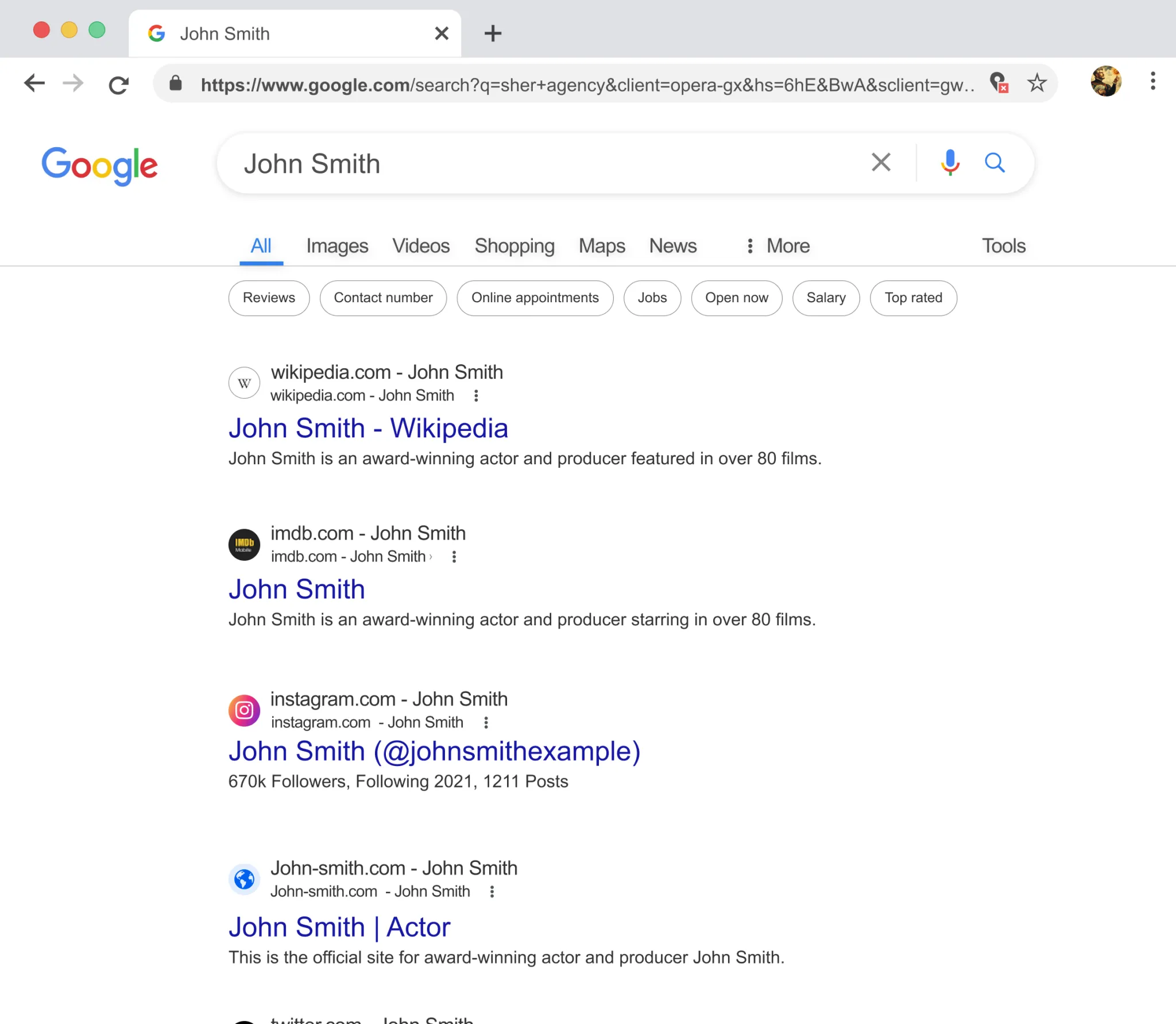 Google search results for John Smith showing positive, branded listings